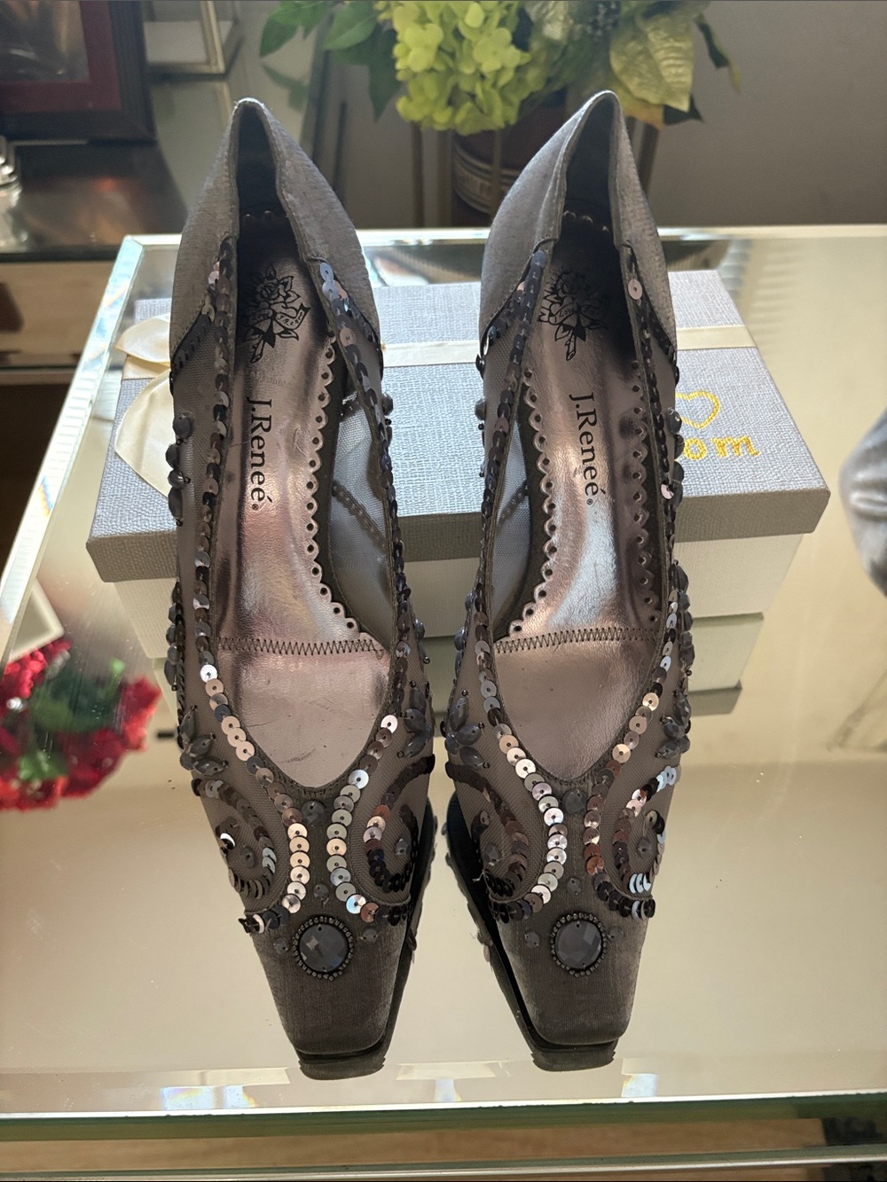 J.Renee Black Sequin Embellished Pointed Toe Pumps